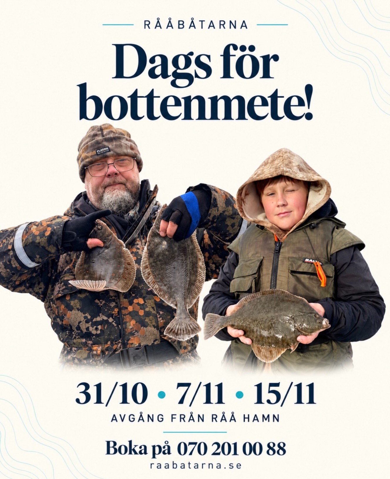 Ett försiktigt napp, ett mothugg och så börjar nyfikenheten. Vad är det som följer med upp den här gången? 🎣
Häng med på bottenmete på Öresund! Det senaste metet har bjudit på gott om fisk i varierande storlekar och fina plattfiskar att ta med hem. Vid relingen finns plats för både vana metare och dig som vill prova för första gången. Vi hjälper dig gärna att komma igång.
Nästa meteturer går den 31 oktober, 7 november och 15 november från Råå hamn.
Samla fiskekompisarna eller kom själv och hitta sällskap ombord!
Boka på 070 201 00 88. Tider och hela turlistan finns på raabatarna.se.
Rååbåtarna - Vi kan vårt Öresund